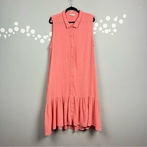 Beachlunchlounge Coral Button Front Tiered Midi Dress XXL 100% Cotton Pockets